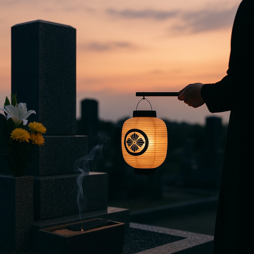 A softly glowing paper lantern with a family crest, held beside a gravestone at dusk, with incense smoke rising quietly.