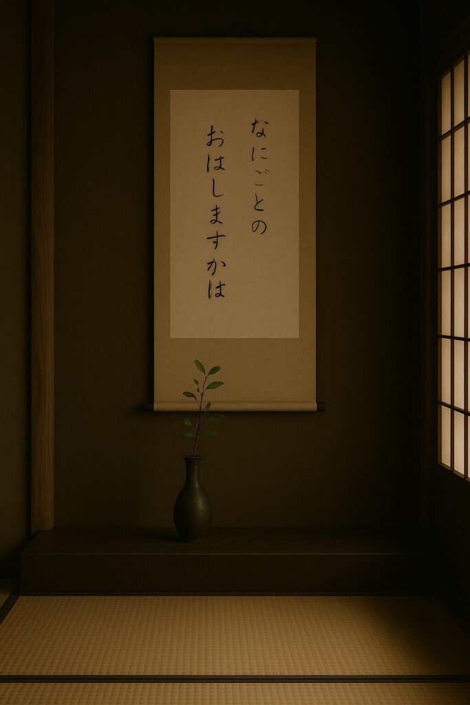 A tokonoma alcove in a traditional Japanese room, softly lit by natural light filtering through the shoji. A single hagi branch stands in a slender vase beneath a hanging scroll with an unfinished waka poem.