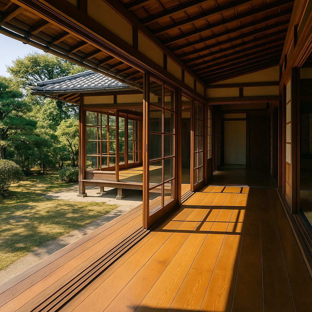 A sunlit Japanese engawa with wooden floorboards and open glass doors, overlooking a quiet garden.