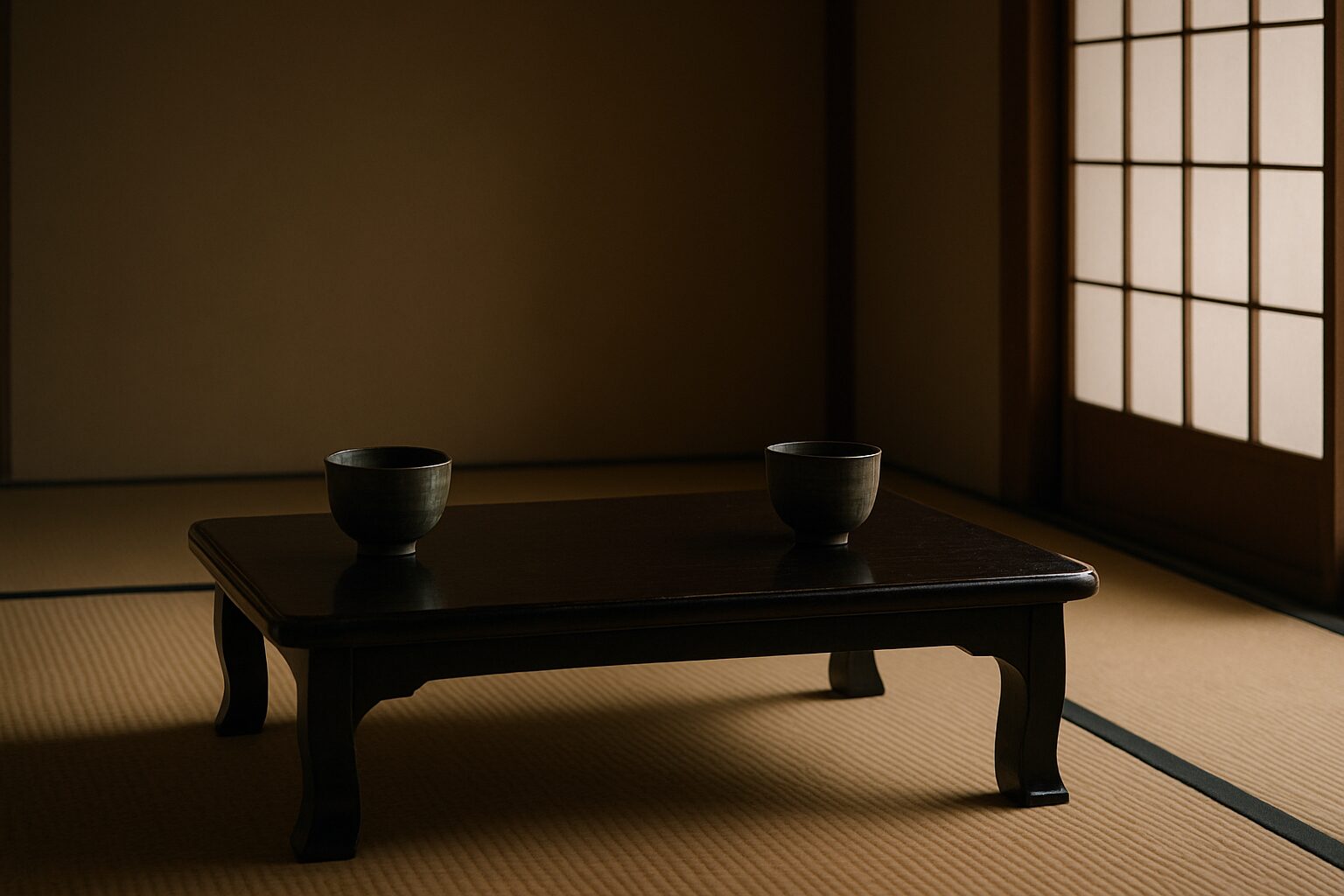 Two ceramic teacups rest at opposite ends of a low wooden table in a Japanese tatami room, with soft light filtering through the shoji, leaving quiet space between them.