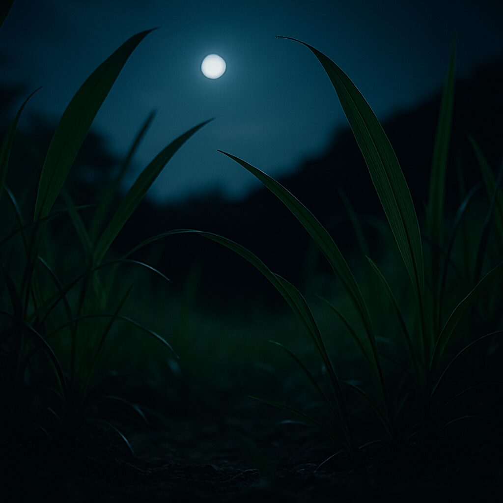 A quiet night view from the perspective of an unseen insect , nestled in the summer grass under a full moon.