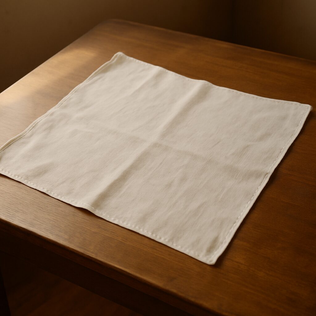 A plain cotton furoshiki with all four corners opened, resting on a wooden surface under soft morning light.